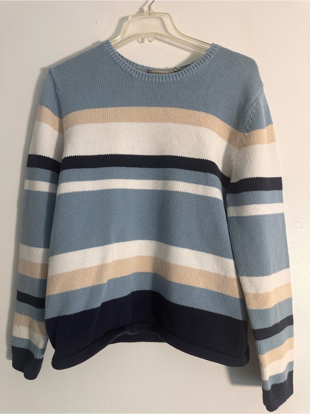 Croft & Barrow Striped Knit Crewneck Sweater 100% Cotton Blue Cream Tan L